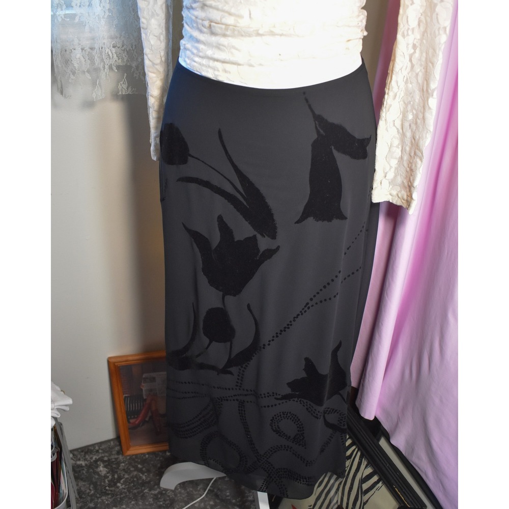 Black Velvet Floral Burnout Midi Skirt Womens Size 2 Chiffon Tulip